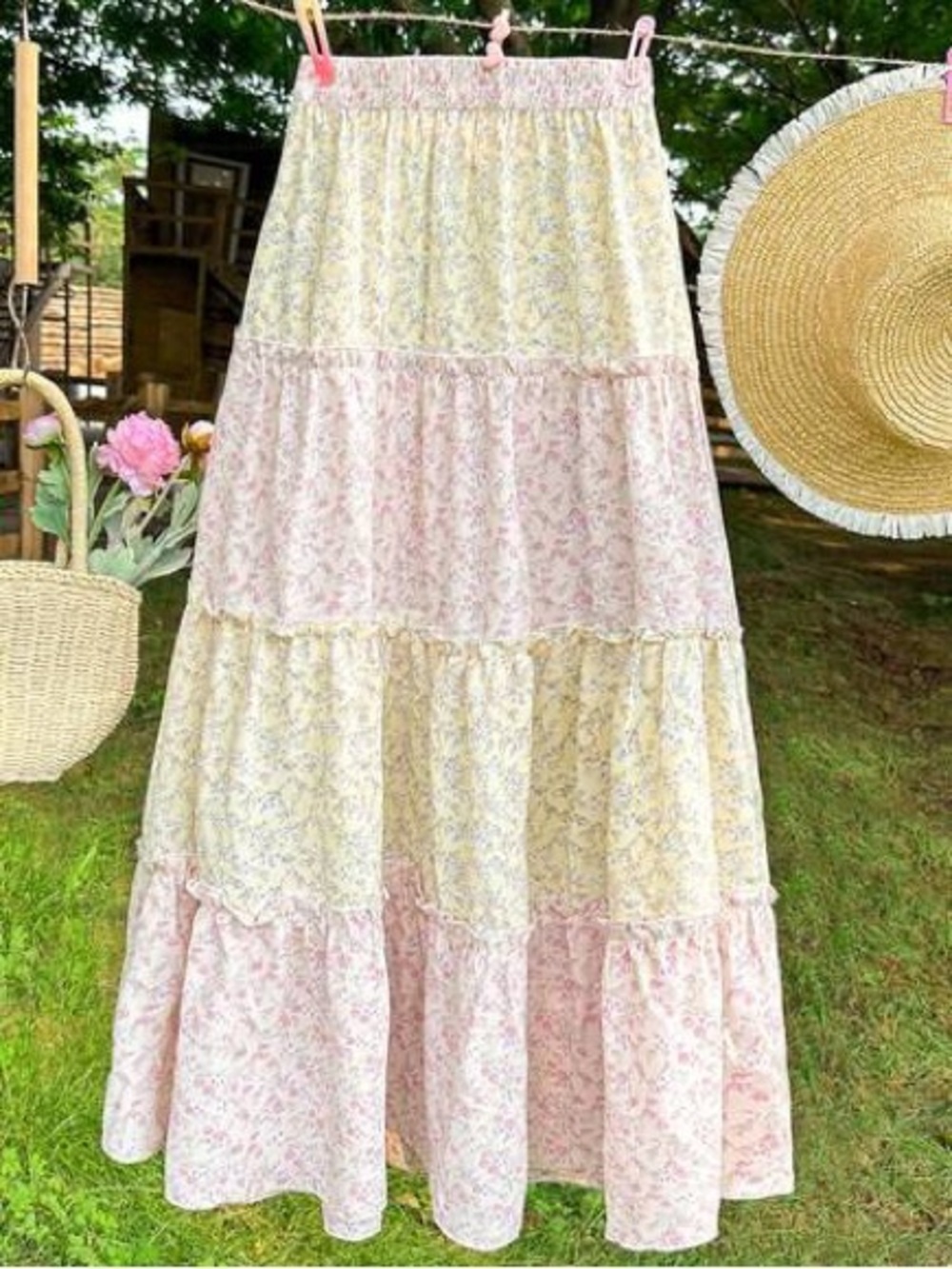 Women’s Maxi Length Pink & Yellow Ditsy Floral Print Skirt Size Petite Large